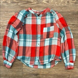 Pilcro Anthropologie Womens XS Breezy Red Blue Oversized Plaid Button Down Shirt